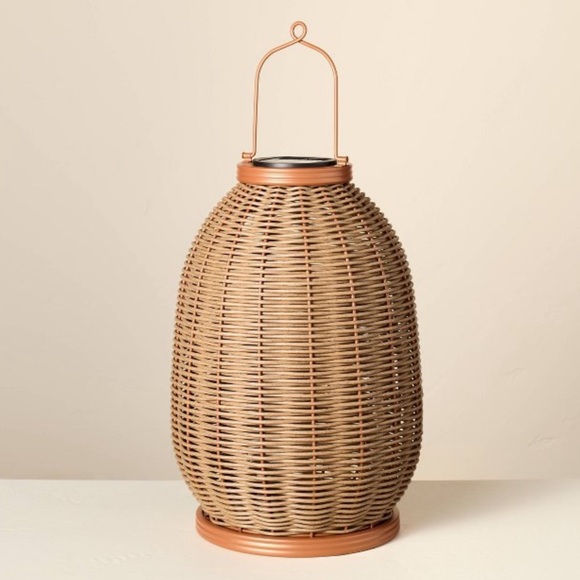HEARTH & HAND NWT rattan solar outdoor patio lantern -brown -14” - Picture 1 of 8